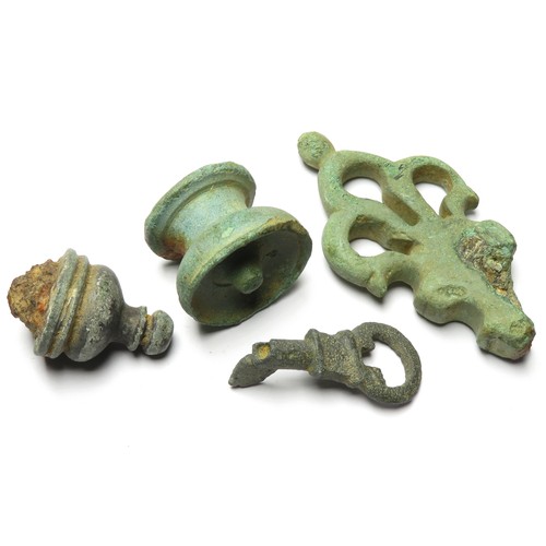 29 - Roman lock and key group. Circa 1st-3rd century CE. A Roman bronze key, trifoliate key handle and tw... 