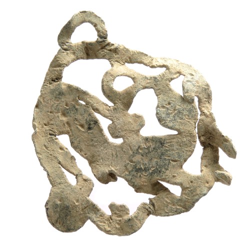 57 - Medieval Pilgrim/Retainer's Badge. Circa 14th-15th century CE. Lead, 42mm. 12.5g. An open-work badge... 