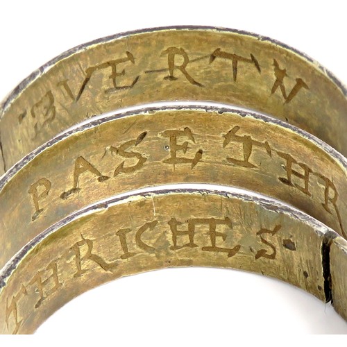 68 - Silver Gilt Posy Ring. Circa 16th century CE. 25mm, 5.5mm wide. 6.29g. The ring is formed of a D-sha... 