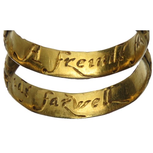 67 - Gold Posy or mourning ring inscribed 'A frend's farewell'. 17mm x 3mm, 1.92g. Ring size: UK I, US 4.... 