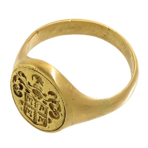 65 - 17th Century Bourchier Family Armorial Signet Ring. Gold, 7.85g. 21mm, 17mm internal. Ring size UK N... 