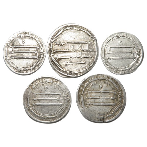 84 - Islamic Dirham Group (5). AH 189. Largest 27mm, 2.9g. Abbasid Caliphate. Al-Rashid, Madinat Al-Salam... 