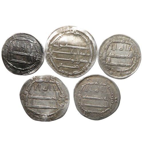 85 - Islamic Dirham Group (5). AH 189. Largest 26mm, 2.9g. Abbasid Caliphate. Al-Rashid, Madinat Al-Salam... 