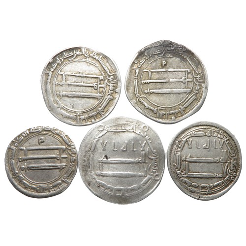 86 - Islamic Dirham Group (5). AH 189. Largest 25mm, 2.91g. Abbasid Caliphate. Al-Rashid, Madinat Al-Sala... 