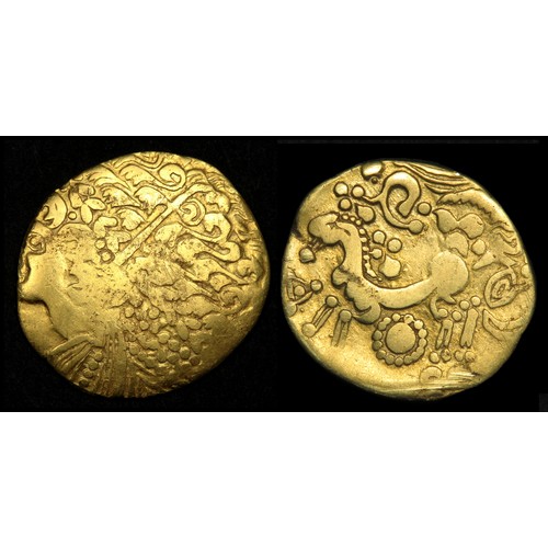 88 - Bellovaci Gold Stater. Gallo-Belgic Ab broad flan type, c. 175BC-125BC. O: Flamboyant wreathed head ... 