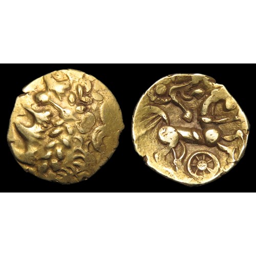 109 - East Wiltshire, Boxer Type Quarter Stater. Circa 60-20 BC. Gold, 14mm. 1.30g. Wreath and crescents w... 