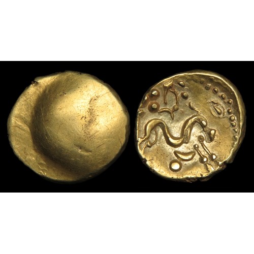 90 - Ambiani Gold Stater, Gallic War uniface type. Circa 60-50 BCE. 19mm, 6.22g. Obverse blank. R. Sinuou... 