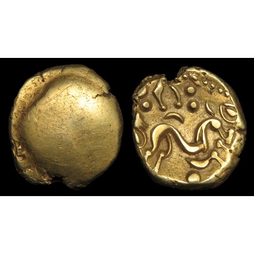 91 - Ambiani Gold Stater, Gallic War uniface type. Circa 60-50 BCE. 18mm, 6.15g. Obverse blank. R. Sinuou... 