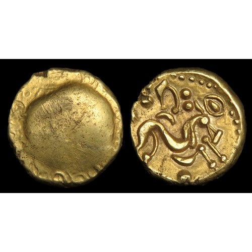 92 - Ambiani Gold Stater, Gallic War uniface type. Circa 60-50 BCE. 17mm, 6.26g. Obverse blank. R. Sinuou... 