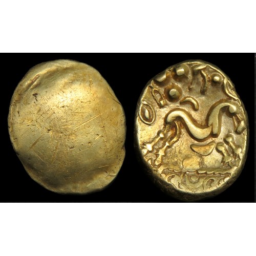 93 - Ambiani Gold Stater, Gallic War uniface type. Circa 60-50 BCE. 18mm, 6.15g. Obverse blank. R. Sinuou... 