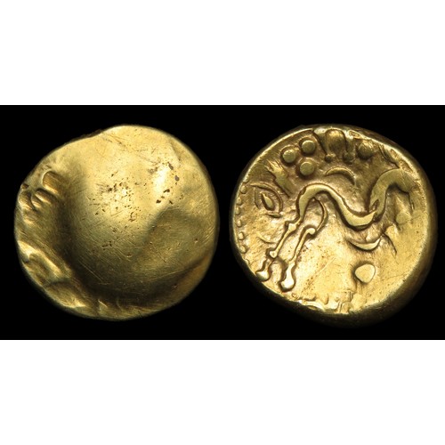 94 - Ambiani Gold Stater, Gallic War uniface type. Circa 60-50 BCE. 18mm, 6.18g. Obverse blank. R. Sinuou... 