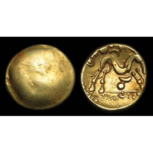 95 - Ambiani Gold Stater, Gallic War uniface type. Circa 60-50 BCE. 19mm, 6.17g. Obverse blank. R. Sinuou... 