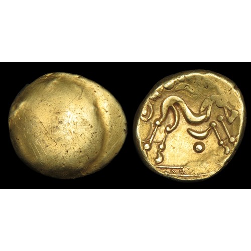 96 - Ambiani Gold Stater, Gallic War uniface type. Circa 60-50 BCE. 19mm, 6.26g. Obverse blank. R. Sinuou... 