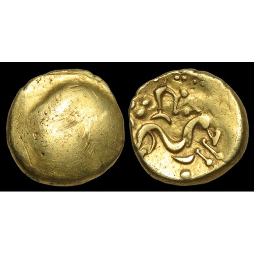 97 - Ambiani Gold Stater, Gallic War uniface type. Circa 60-50 BCE. 17mm, 6.24g. Obverse blank. R. Sinuou... 