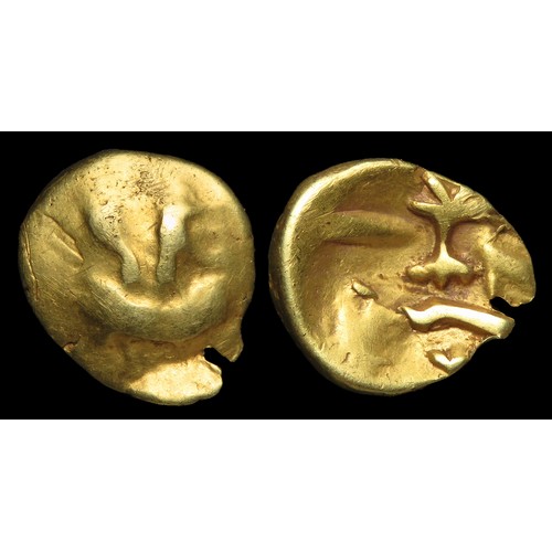 98 - Morini Boat Tree Quarter Stater. Gallo-Belgic D. Circa 1st century BCE. Gold, 1.42g. 13mm. Boat with... 