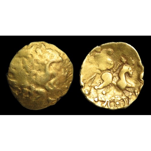 112 - North Thames, Essex Wheels Gold Quarter Stater. 15mm, 1.31g. Wreath, cloak and crescents, wheel at t... 