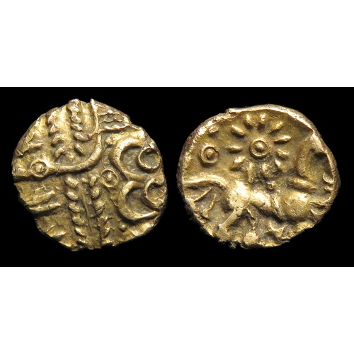 103 - Belgae, Circa 60-40 BC. Burgan 11 Type Quarter Stater. Gold, 1.21g. 10.3 mm. Wreath motif, pellet in...