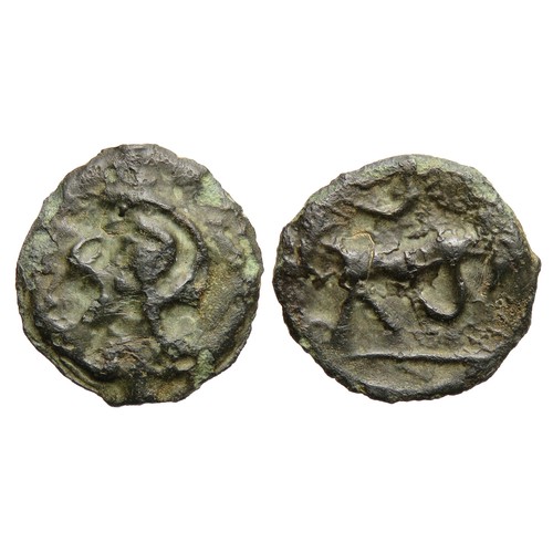 102 - Cantiaci Potin. Circa 1st century BCE. Copper-alloy, 19mm, 2.46g. Stylised head right. R. Stylised b... 