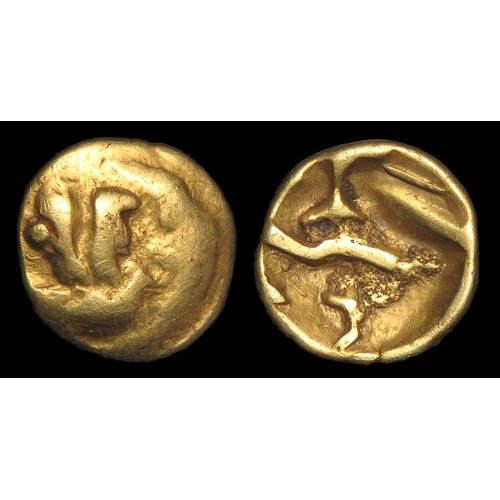 99 - Morini Boat Tree Quarter Stater. Gallo-Belgic D. Circa 1st century BCE. Gold, 1.45g. 11mm. Boat with... 