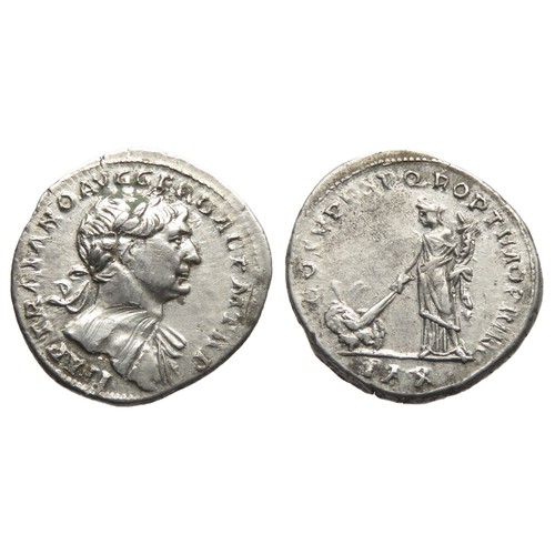 124 - Trajan Denarius. Rome, 112 AD. Silver, 3.15g. 19 mm. Laureate bust with drapery on far shoulder, IMP... 