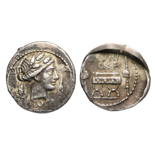 116 - Republican Denarius. Mounted. L. Furius Cn. f. Brocchus. 63 BC. silver. 3.91, 19 mm. Draped bust of ... 