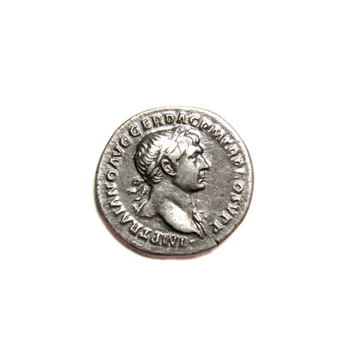 123 - Trajan Denarius. Rome, AD 107. Silver, 3.13g. 19mm. Laureate bust with drapery on far shoulder right... 