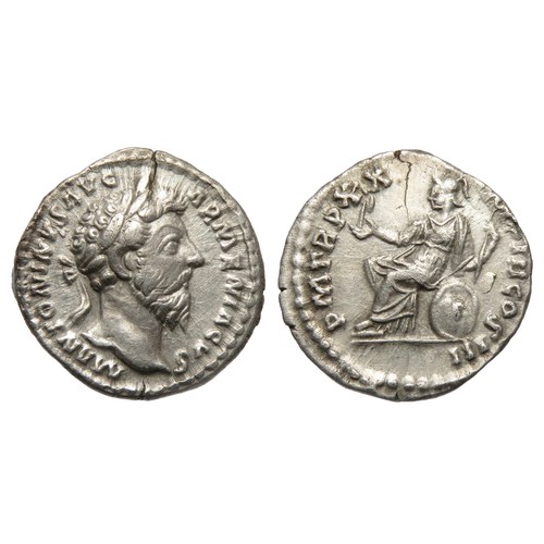 128 - Marcus Aurielius Denarius. Rome, AD 166. Silver, 3.29g. 19mm. Laureate bust right, M ANTONINVS AVG A... 