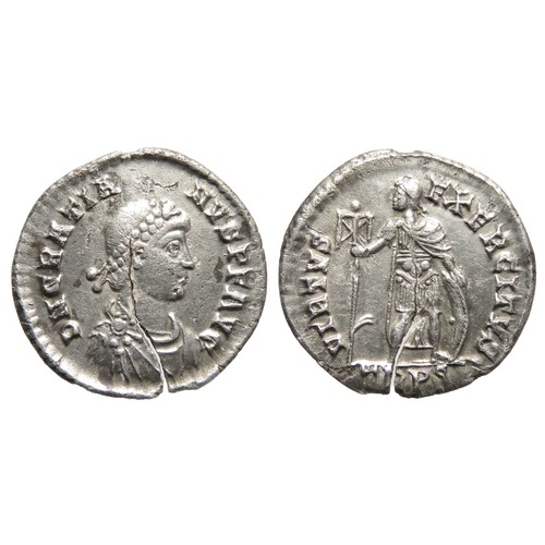 143 - Gratian Miliarense. Trier, AD 368 & 376. Silver, 24mm, 4.20g. Diademed and draped and cuirassed ... 