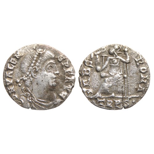 142 - Valens Siliqua. Trier, AD 368-75. Silver, 16mm, 1.45g. Diademed and draped and cuirassed bust right,... 