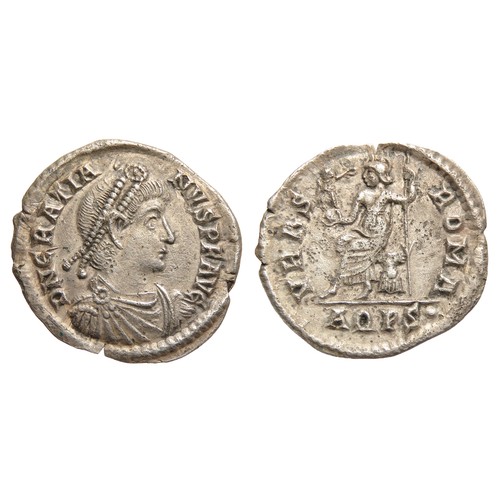 144 - Gratian siliqua. Aquileia, AD 375-8. Silver, 20mm, 1.76g. Diademed and draped and cuirassed bust rig... 