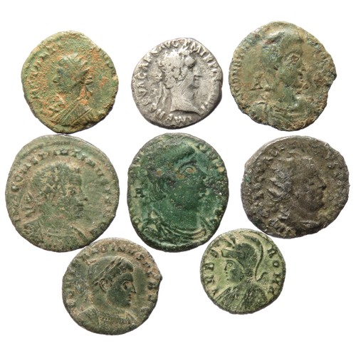 148 - Roman coin group including a denarius of Nerva, Valerian antoninianus and bronze issues of Constanti... 