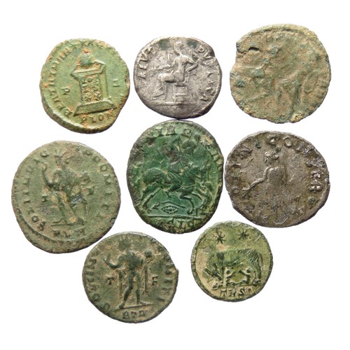 148 - Roman coin group including a denarius of Nerva, Valerian antoninianus and bronze issues of Constanti... 