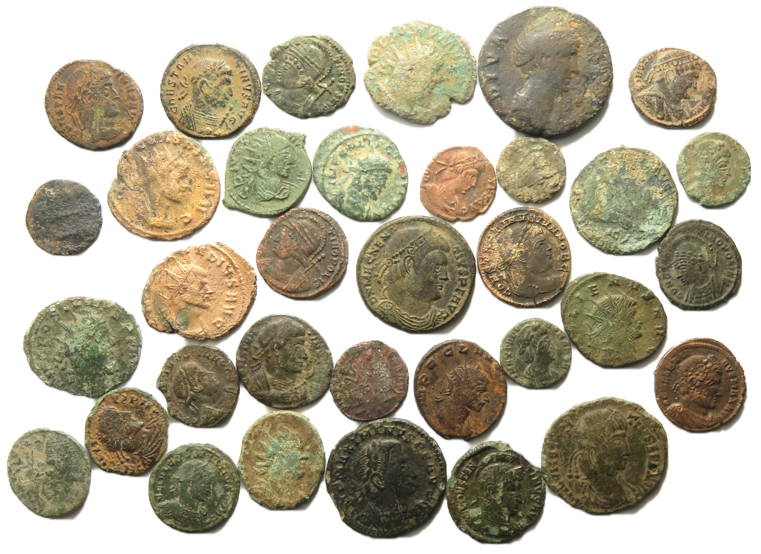 Roman bronze coin group, 2nd - 4th century AD, including coins of ...