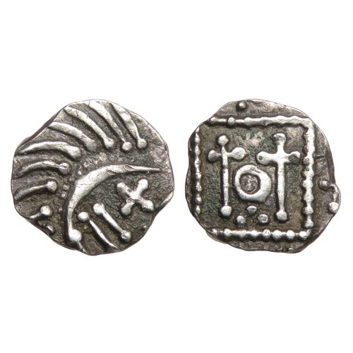 155 - Anglo-Saxon Sceattas. Continental issues, Circa 695-740 AD. Series E. Silver, 12mm, 1.13g. Degenerat... 