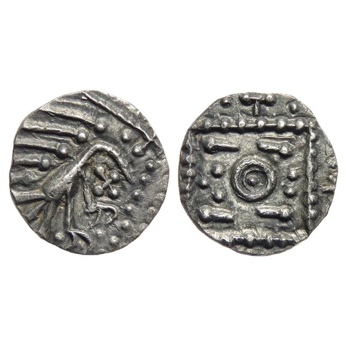 158 - Anglo-Saxon Sceattas. Continental Issues, citrca 710-760 AD. Series E. Silver, 1.17g. 12mm. Plumed b... 