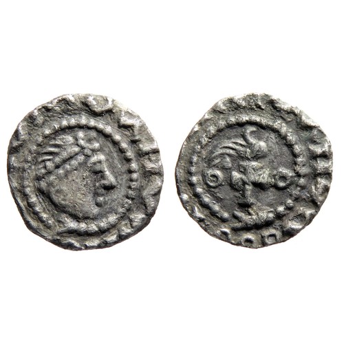 159 - Anglo-Saxon Sceattas. Primary Phase, circa 680-710 AD. Series BI type 27b. Silver, 0.98g. 12mm. Diad... 