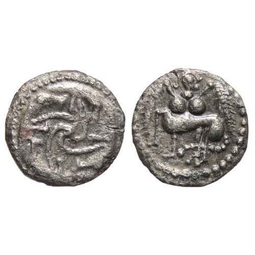 160 - Anglo-Saxon Sceattas. Series S. Secondary Phase, Circa 710-760 AD. Silver, 0.99g. 12mm. Female centr... 