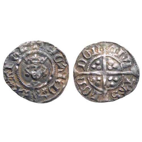 240 - Richard II Halfpenny. 1377-1399 AD. Silver, 0.54g. 14.5 mm. Crowned facing bust, +RICARD REX ANGL. R... 