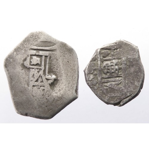 334 - Two Spanish Cobs. Circa 16th century AD. Silver, 29mm, 11.06g & 22mm, 6.53g. one piece of eight ... 