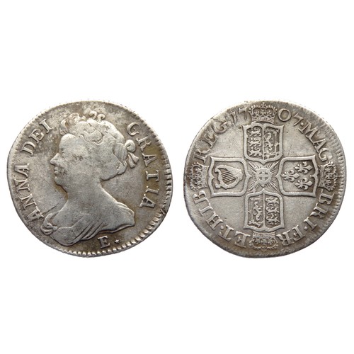 343 - Anne shilling. Post Union with Scotland, 1707-14 AD. Edinburgh mint. Draped bust left, E* below. ANN... 