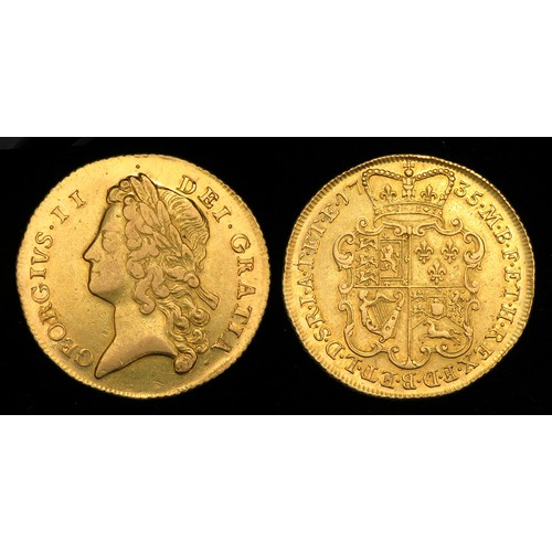 George II Gold Two Guinea 1735. 16.72g, 31.8 mm. Young laureate head left, GEORGIVS II DEI GRATIA. R. Crowned garnished shield. Ref: S.3667A. no signs of mounting or repair.