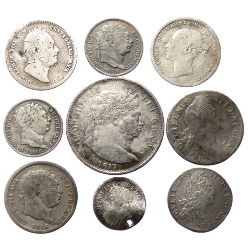 383 - Early milled silver coin group including James II threepence (pierced), William III shilling and six... 