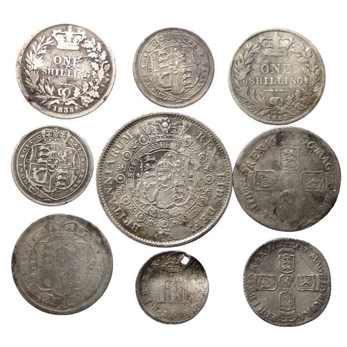 383 - Early milled silver coin group including James II threepence (pierced), William III shilling and six... 