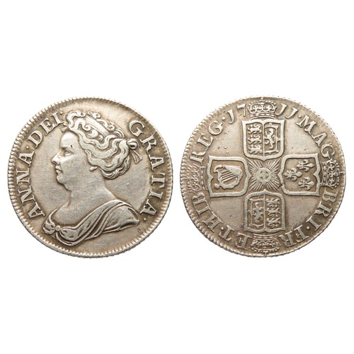 344 - Anne Shilling. Post Union with Scotland, 1707-1714 AD. Silver, 6.05g. 25 mm. Draped bust left, ANNA ... 