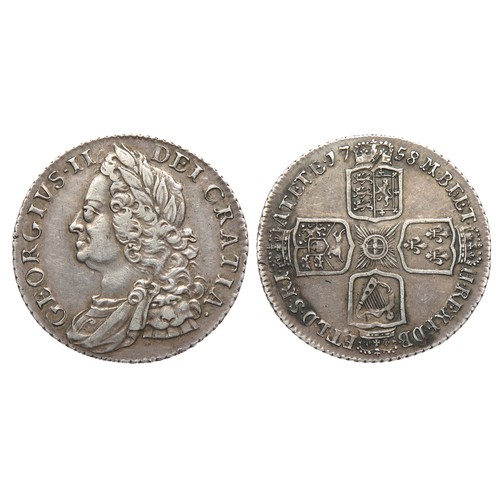 350 - George II Shilling. Silver, 5.96g. 25 mm. Old laureate and draped bust left, GEORGIVS II DEI GRATIA.... 