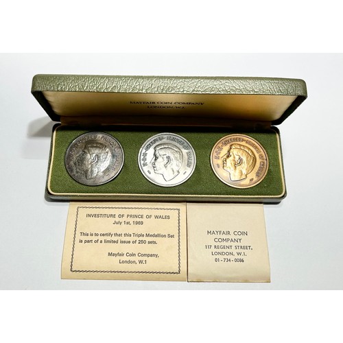 399 - Investiture of Charles Prince of Wales Triple Medallion Set. A limited edition of just 250 sets issu... 