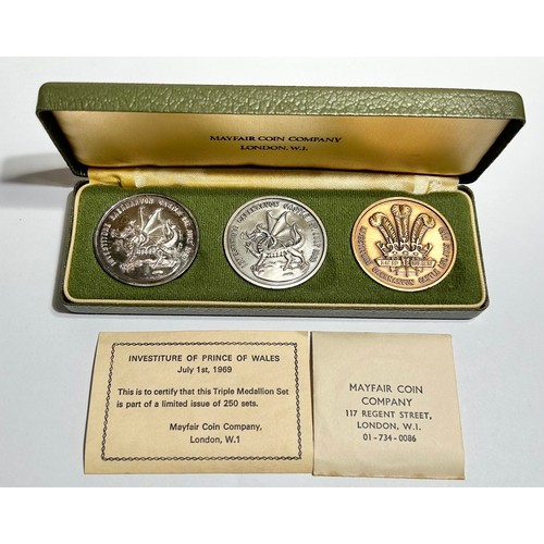 399 - Investiture of Charles Prince of Wales Triple Medallion Set. A limited edition of just 250 sets issu... 