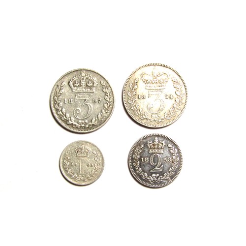 376 - Silver Maundy Pieces (4). Victoria, 1853 twopence. 1854 threepence. 1892 one penny and an 1897 three... 