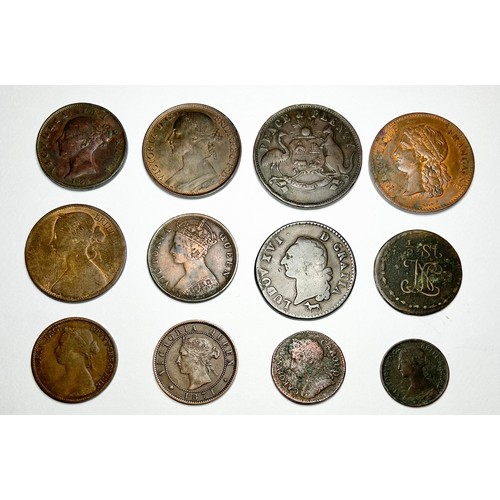 402 - Mixed World copper Pieces (12). UK, Charles II farthing 1674. Victoria halfpenny (2), 1854 & 187... 