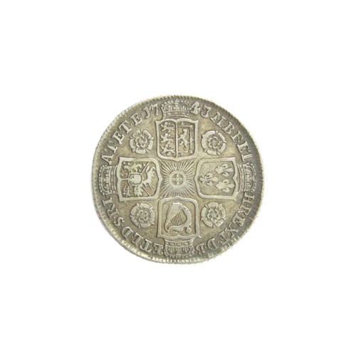 349 - George II Shilling 1743. Silver, 5.92g. 26mm. Old laureate and draped bust left, GEORGIUS II DEI GRA... 